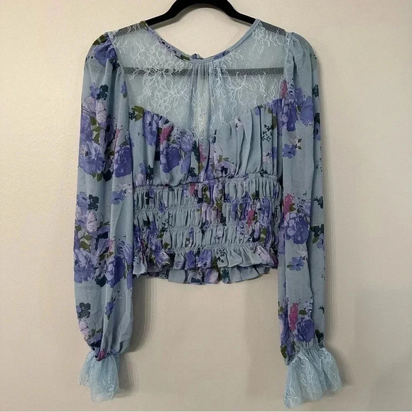 Free People Daphne Blouse Silver Blue Combo Size LG NWT - Picture 3 of 14
